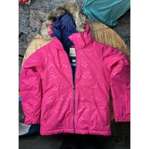 Roxy Girls Pink Fur Lined Waterproof Snow Ski 10K Dry Flight Jacket sz 12 L NEW